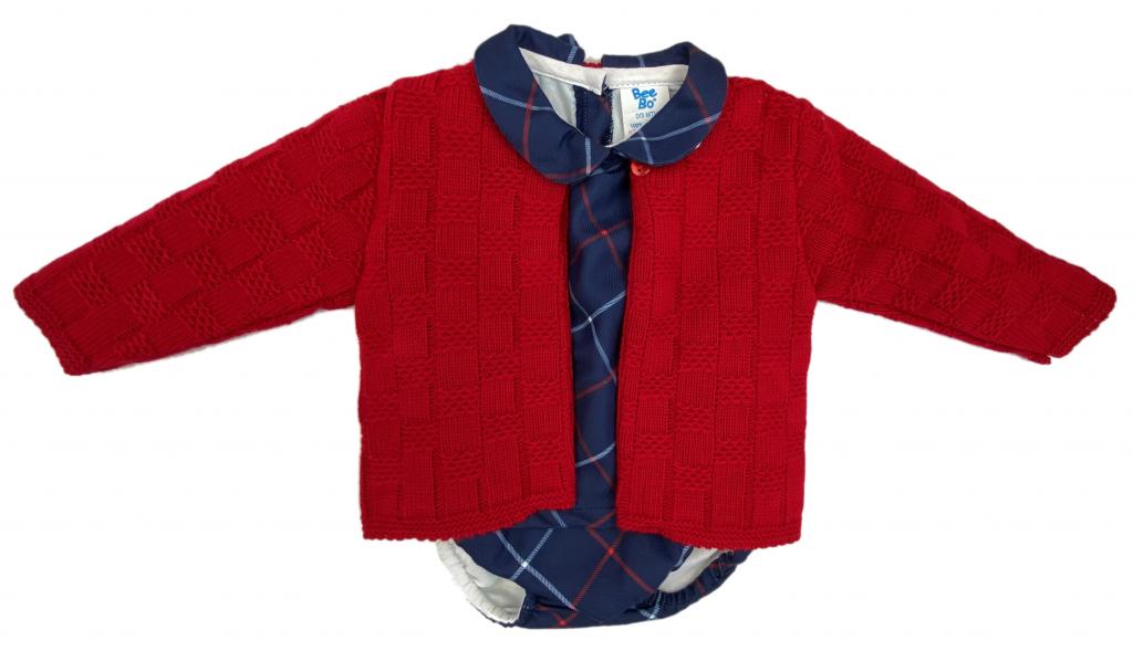 Navy & Red Knitted Cardigan and Romper Set