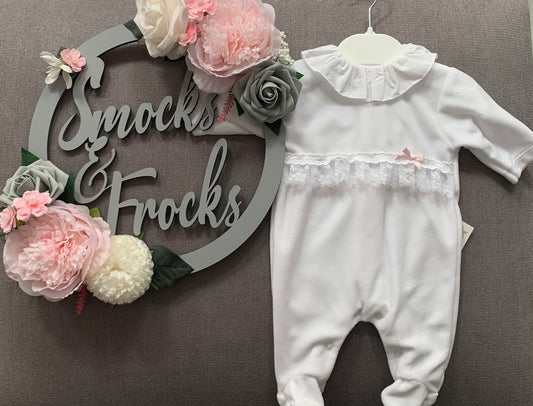 Girls White Velour Babygrow with Lace Detail - SG128