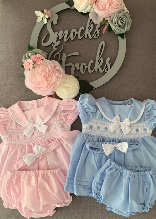 Smocked Dress with Bow Detail and Matching Headband - D06364