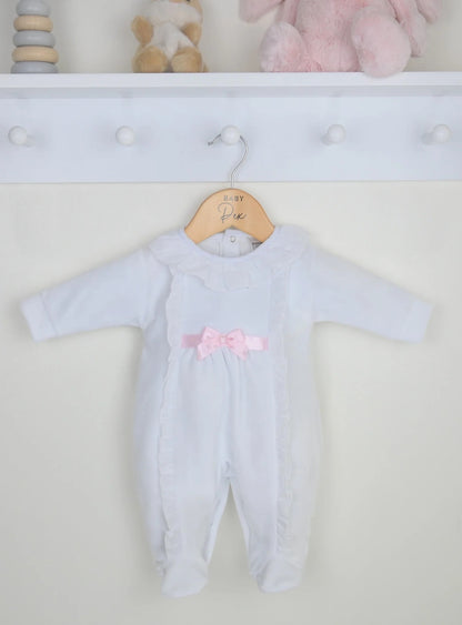 White Velour Babygrow with Bow Detail