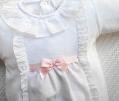 White Velour Babygrow with Bow Detail