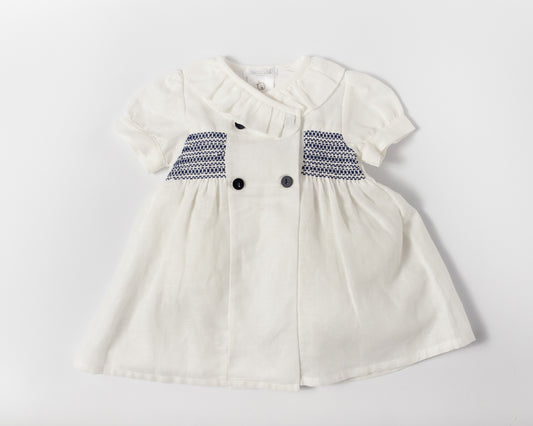 White and Navy Smocked Dress - DBV22408