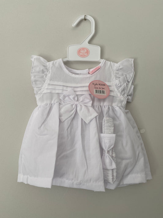 White Bow Dress and Bloomer Set with Bow Headband - W22020A