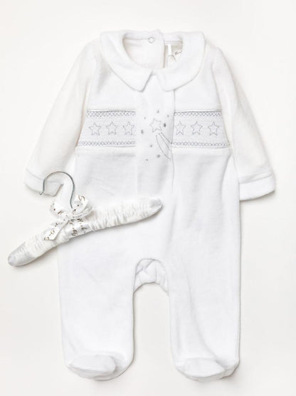 White Velour Smocked Star Babygrow - RRBA24514