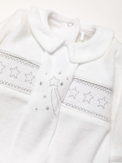 White Velour Smocked Star Babygrow - RRBA24514