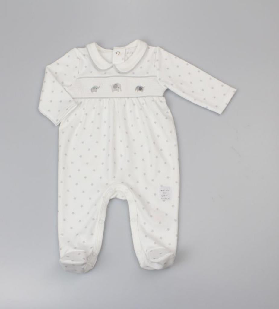 White Smocked Elephant Babygrow - WMGC12069