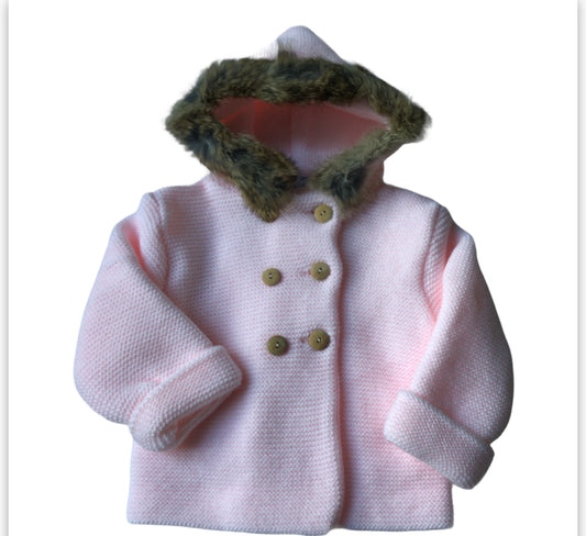 Pink Knitted Jacket with Faux Fur Hood - 021VE-350